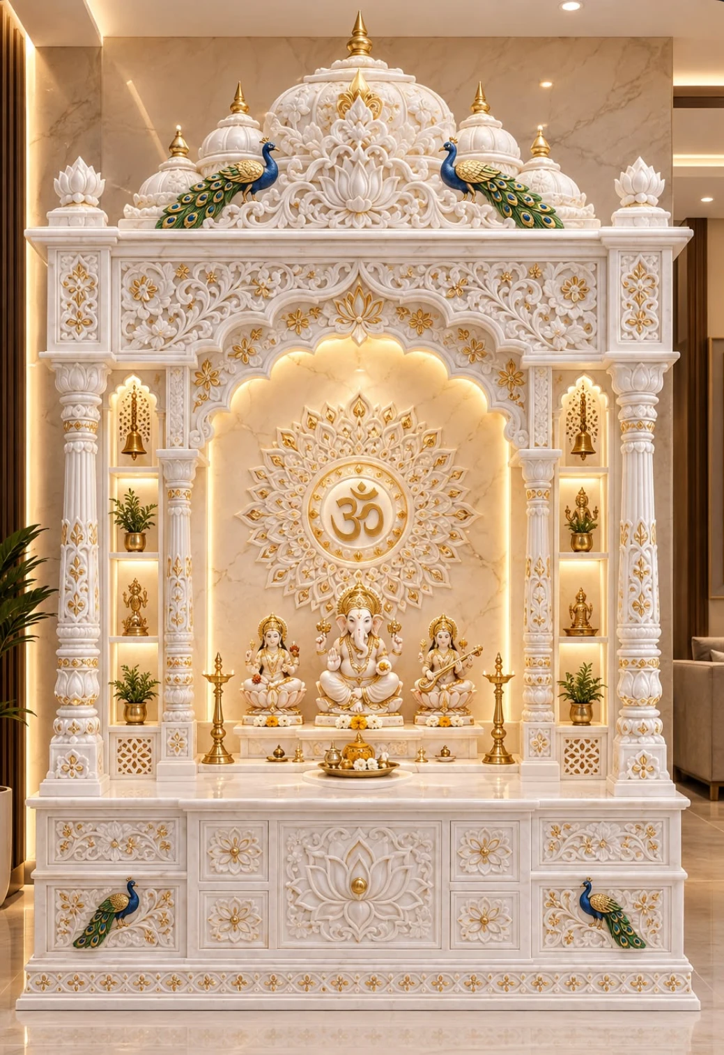 White Makrana marble mandir with peacocks, Om mandala and gold carving by Shaad Marble Art