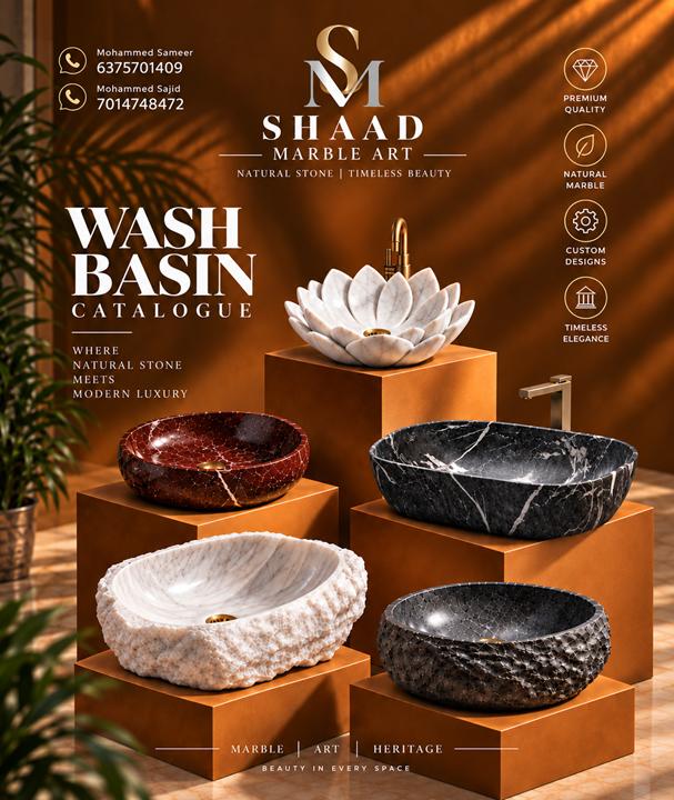 Shaad Marble Art wash basin catalogue cover with lotus, red, black and rock-cut marble basins